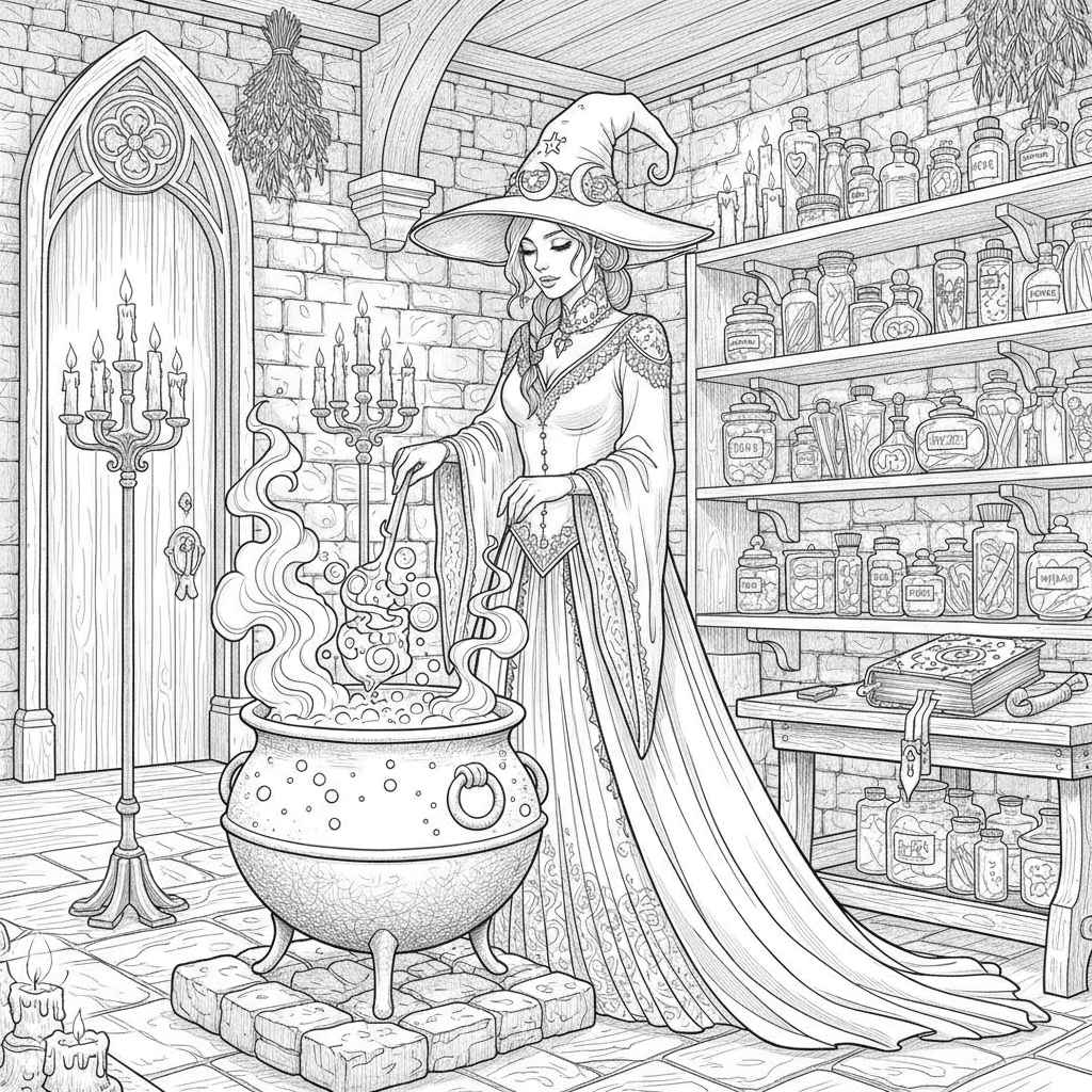 Witch brewing a potion by candlelight
