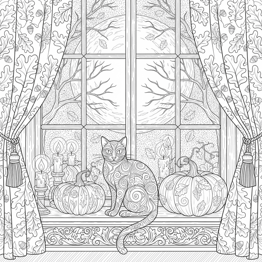 Black cat on a windowsill with candles and pumpkins