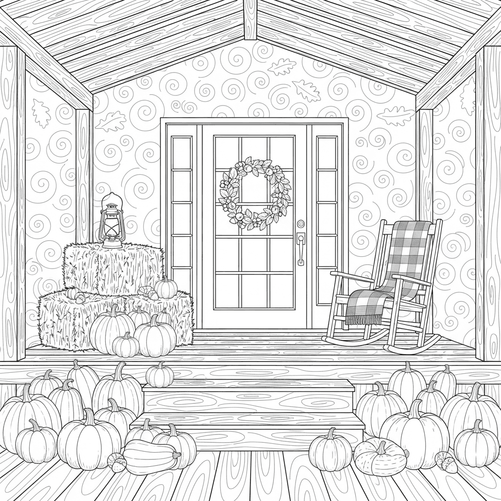 Autumn porch with pumpkins and a lantern