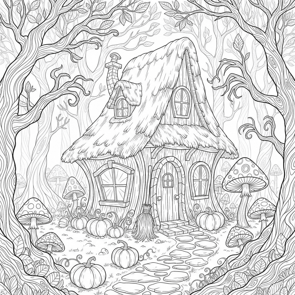 Crooked cottage in a dark forest
