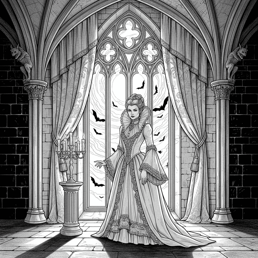 Victorian vampire lady in a candlelit castle