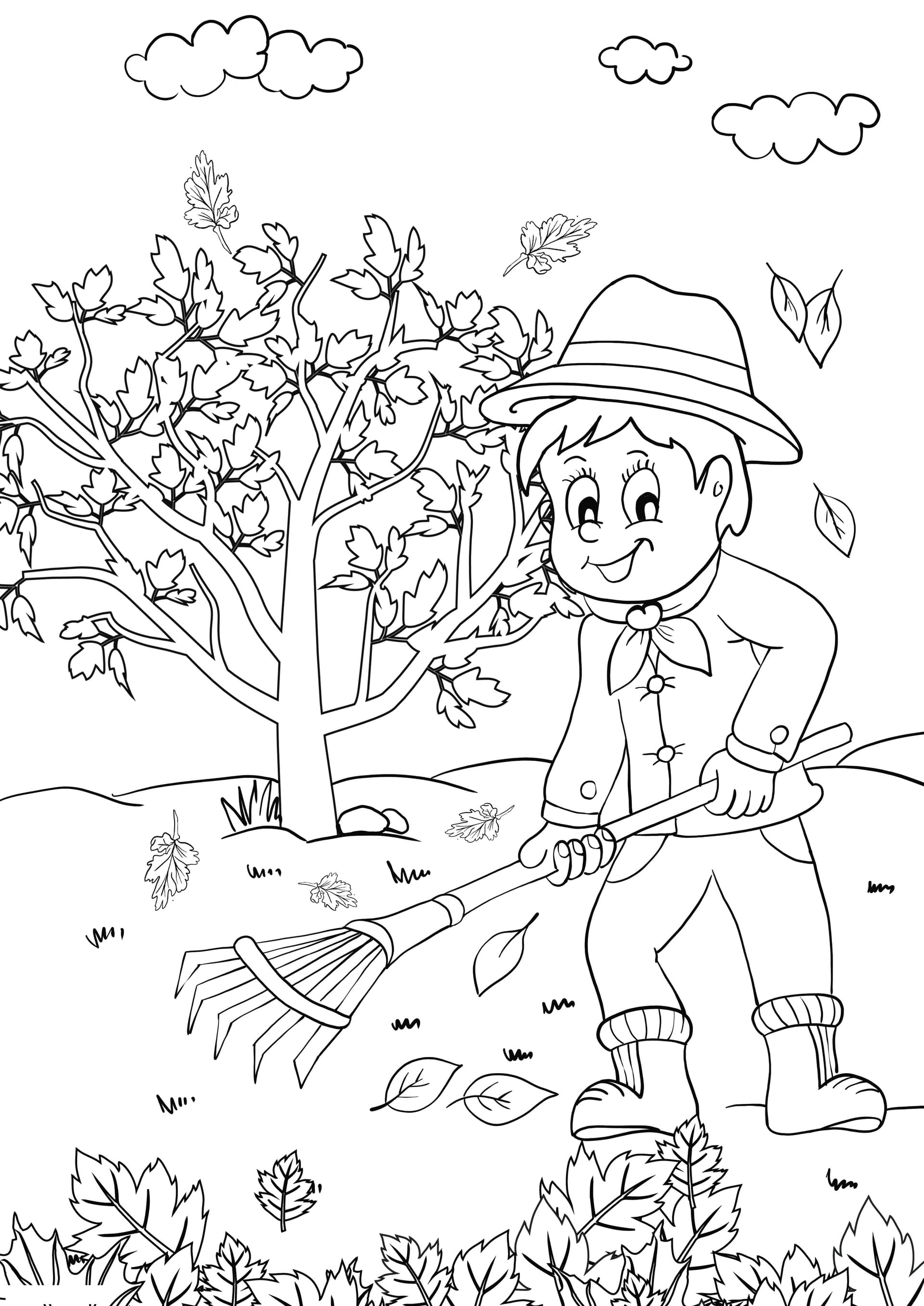 boy raking autumn leaves