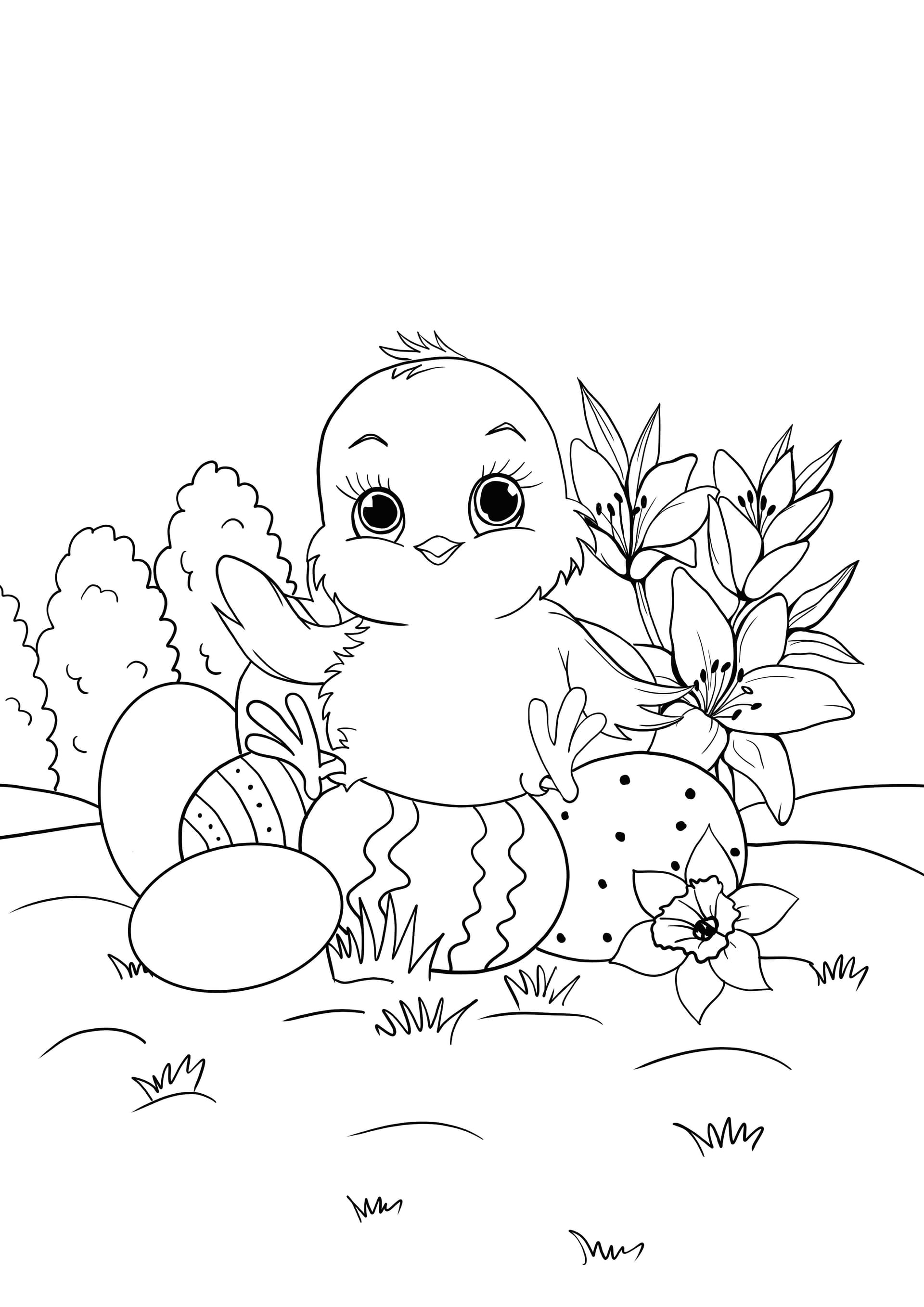 chick on Easter eggs