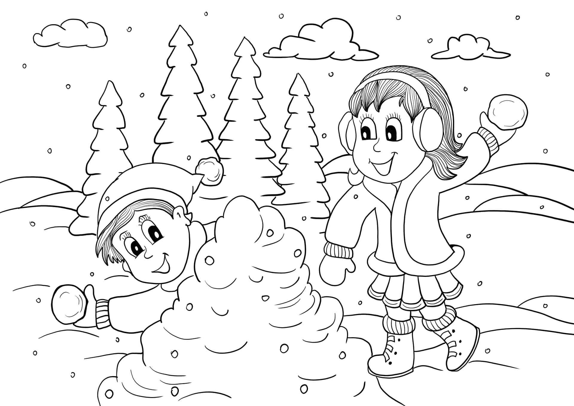 children and snowballs playing