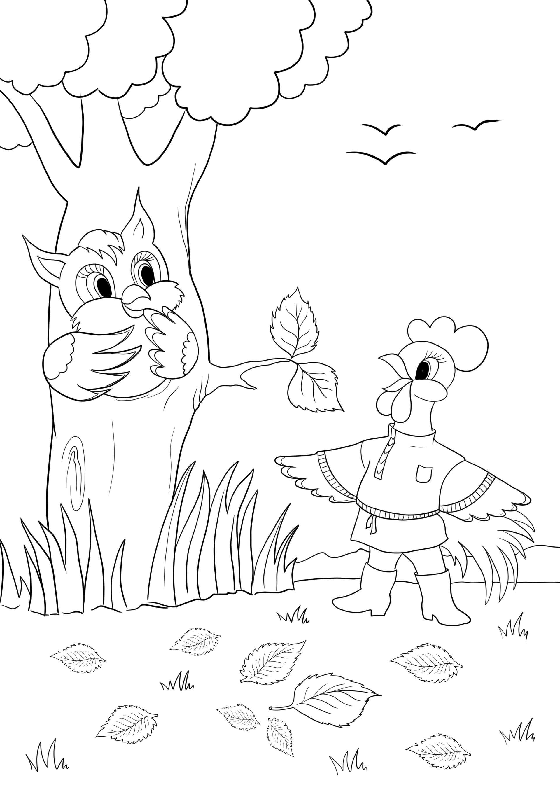 Owl and rooster in the forest