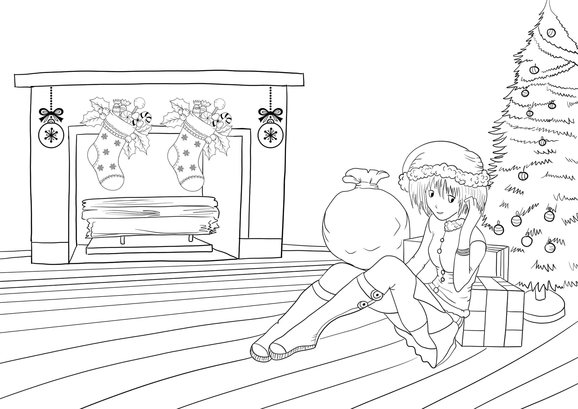 Anime Gabriela at Christmas tree