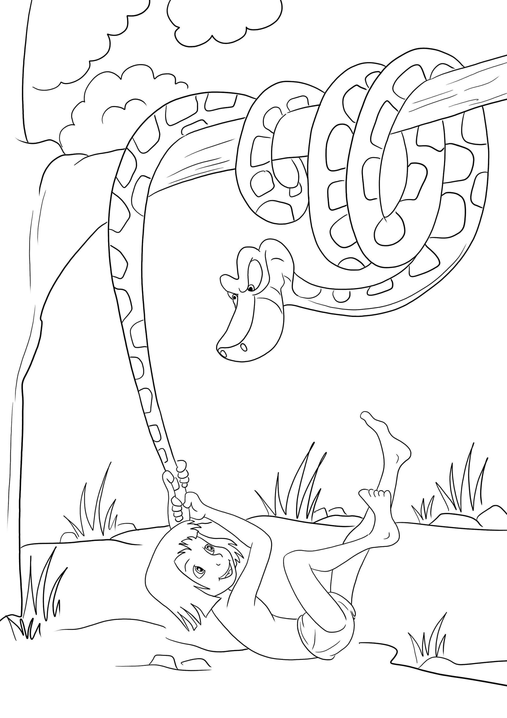Mowgli pulling Kaa tail