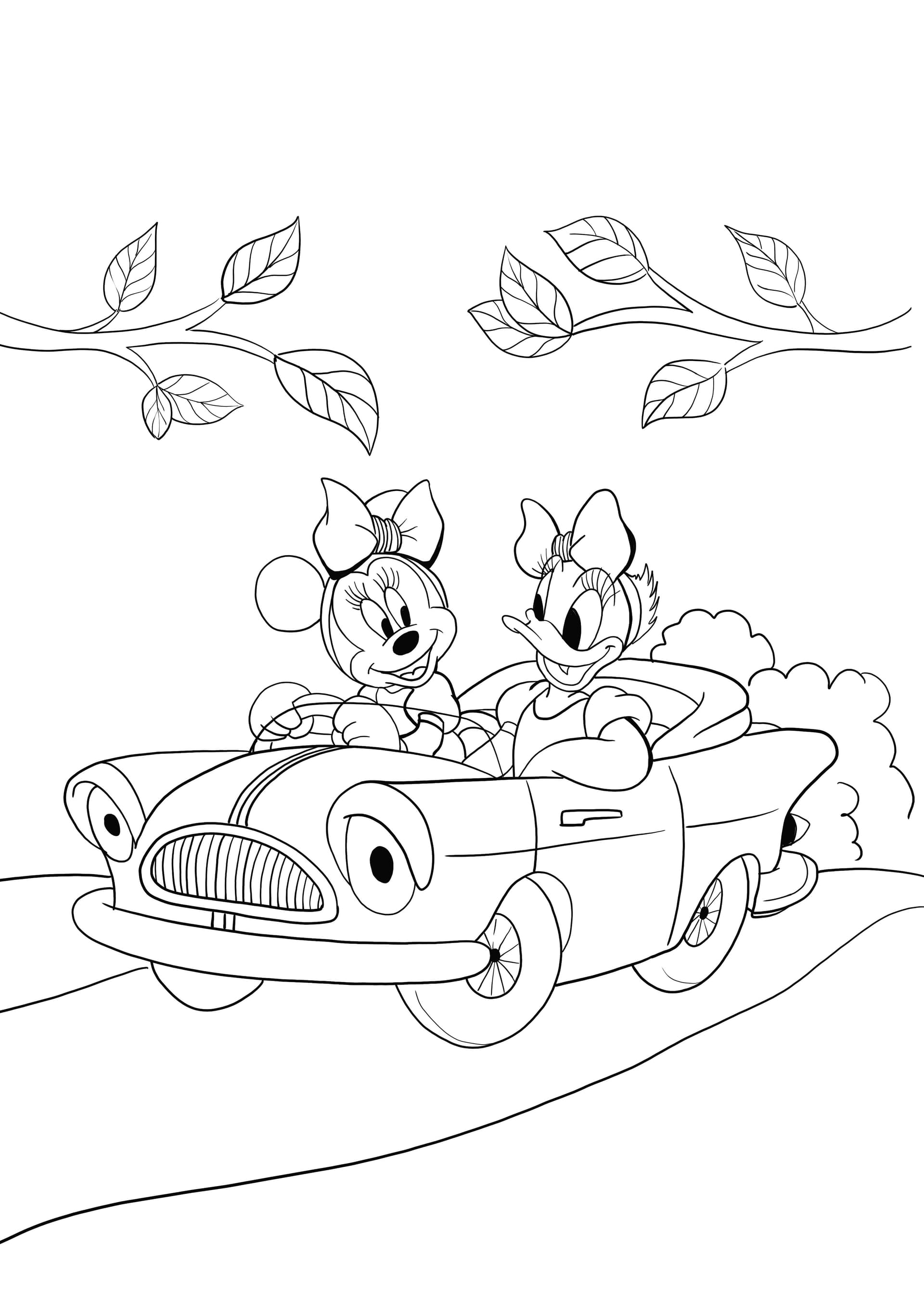 Daisy and Minnie driving a car