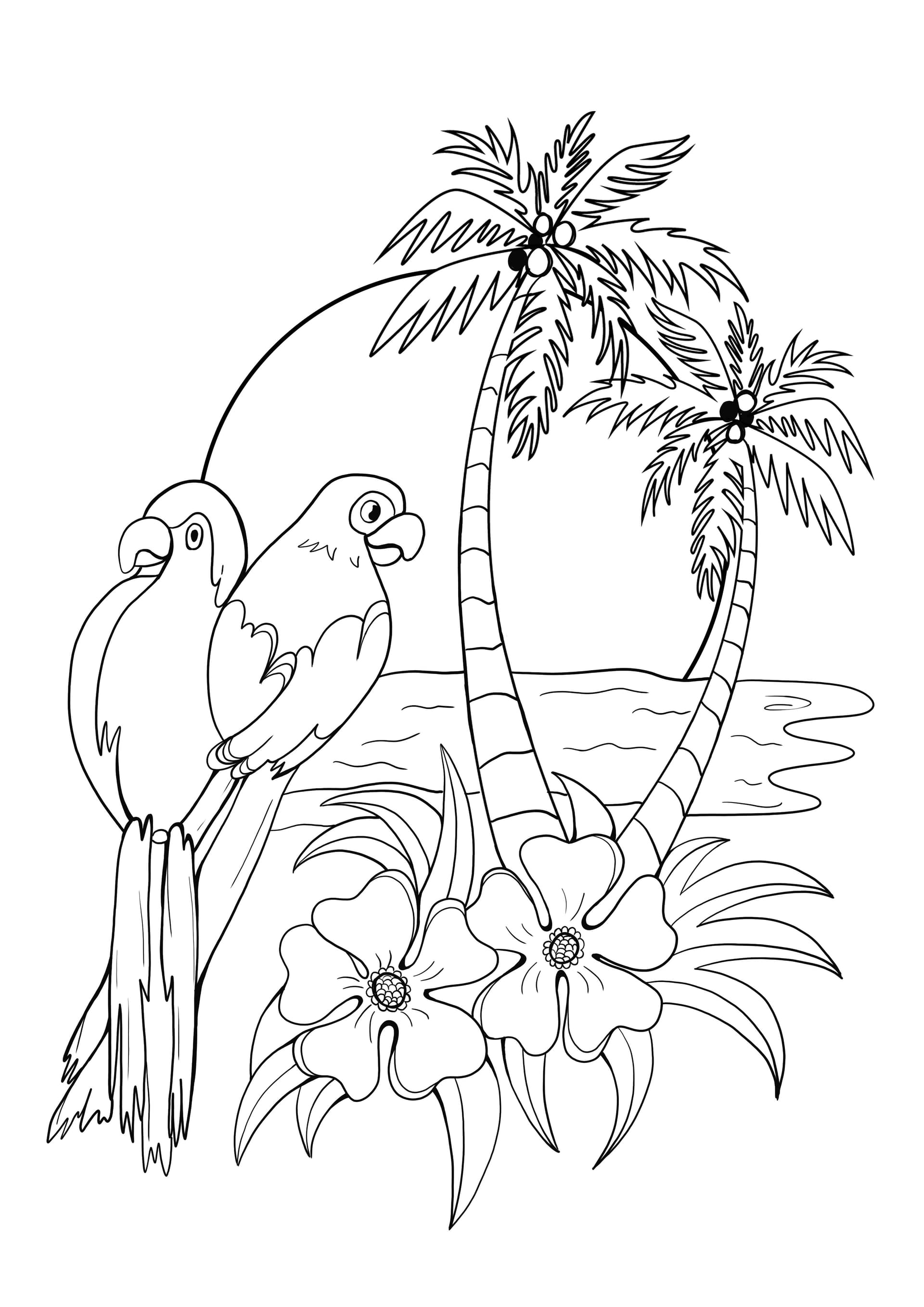 parrots and palm trees in summer
