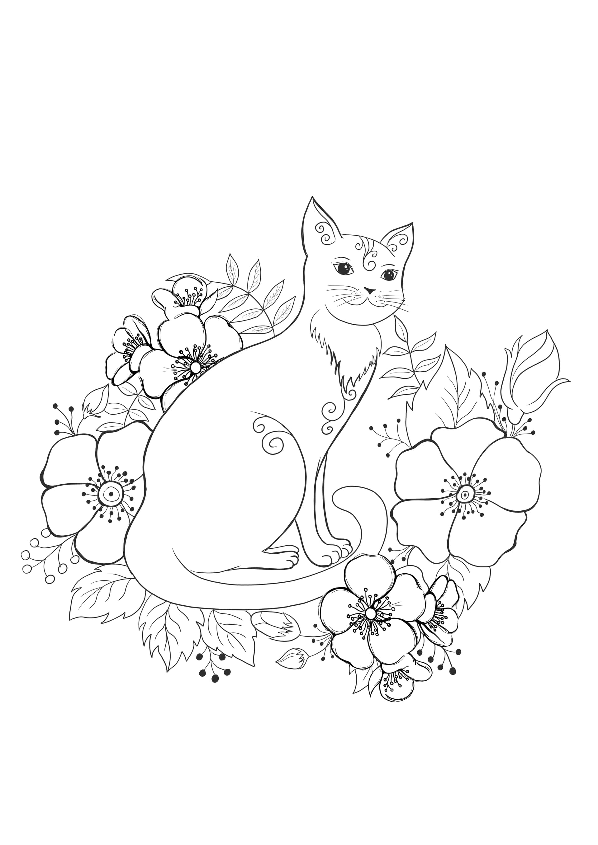Wild cat surrounded by flowers